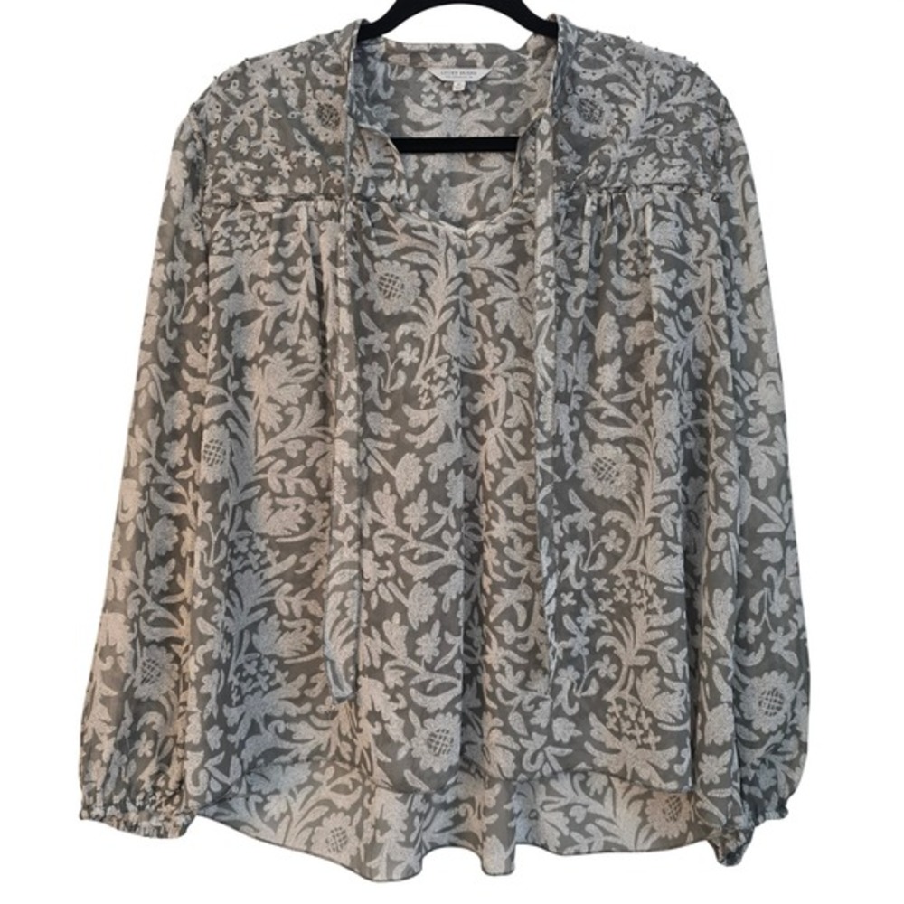 😀 Lucky Brand Grey Floral Beaded Tie Neck Boho Peasant Blouse Medium